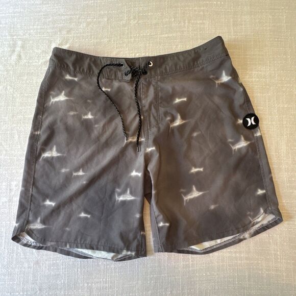 Hurley Unlined Stretchy Swim Shorts Dark Gray With Swordfish Sharks Mens Size 32 - Picture 1 of 11